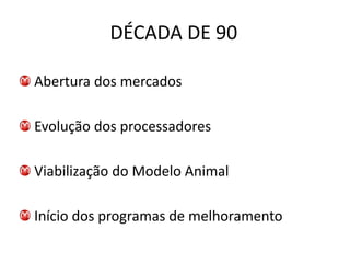 DÉCADA DE 90

Abertura dos mercados

Evolução dos processadores

Viabilização do Modelo Animal

Início dos programas de melhoramento
 