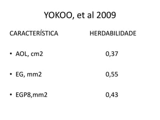YOKOO, et al 2009
CARACTERÍSTICA         HERDABILIDADE

• AOL, cm2                 0,37

• EG, mm2                  0,55

• EGP8,mm2                 0,43
 