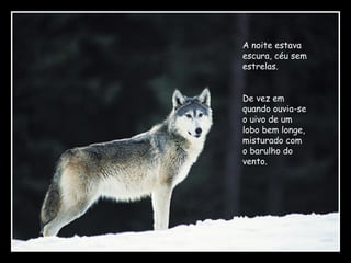 A noite estava
escura, céu sem
estrelas.
De vez em
quando ouvia-se
o uivo de um
lobo bem longe,
misturado com
o barulho do
vento.

 
