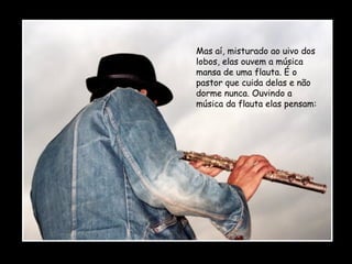 Mas aí, misturado ao uivo dos
lobos, elas ouvem a música
mansa de uma flauta. É o
pastor que cuida delas e não
dorme nunca. Ouvindo a
música da flauta elas pensam:

 
