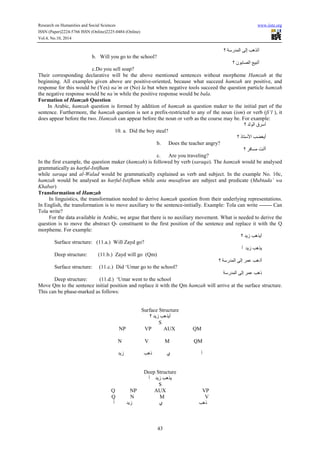 Research on Humanities and Social Sciences www.iiste.org
ISSN (Paper)2224-5766 ISSN (Online)2225-0484 (Online)
Vol.4, No.10, 2014
43
‫؟‬ ‫ﺍﻟﻤﺪﺭﺳﺔ‬ ‫ﺇﻟﻰ‬ ‫ﺃﺗﺬﻫﺐ‬
b. Will you go to the school?
‫؟‬ ‫ﺍﻟﺼﺎﺑﻮﻥ‬ ‫ﺃﺗﺒﻴﻊ‬
c.Do you sell soap?
Their corresponding declarative will be the above mentioned sentences without morpheme Hamzah at the
beginning. All examples given above are positive-oriented, because what succeed hamzah are positive, and
response for this would be (Yes) na’m or (No) la but when negative tools succeed the question particle hamzah
the negative response would be na’m while the positive response would be bala.
Formation of Hamzah Question
In Arabic, hamzah question is formed by addition of hamzah as question maker to the initial part of the
sentence. Furthermore, the hamzah question is not a prefix-restricted to any of the noun (ism) or verb (fi‘l ), it
does appear before the two. Hamzah can appear before the noun or verb as the course may be. For example:
‫؟‬ ‫ﺍﻟﻮﻟﺪ‬ ‫ﺃﺳﺮﻕ‬
10. a. Did the boy steal?
‫؟‬ ‫ﺍﻷﺳﺘﺎﺫ‬ ‫ﺃﻳﻐﻀﺐ‬
b. Does the teacher angry?
‫؟‬ ‫ﻣﺴﺎﻓﺮ‬ ‫ﺃﺃﻧﺖ‬
c. Are you traveling?
In the first example, the question maker (hamzah) is followed by verb (saraqa). The hamzah would be analysed
grammatically as harful-Istifham
while saraqa and al-Walad would be grammatically explained as verb and subject. In the example No. 10c,
hamzah would be analysed as harful-Istifham while anta musafirun are subject and predicate (Mubtada’ wa
Khabar)
Transformation of Hamzah
In linguistics, the transformation needed to derive hamzah question from their underlying representations.
In English, the transformation is to move auxiliary to the sentence-initially. Example: Tola can write ------- Can
Tola write?
For the data available in Arabic, we argue that there is no auxiliary movement. What is needed to derive the
question is to move the abstract Q- constituent to the first position of the sentence and replace it with the Q
morpheme. For example:
‫؟‬ ‫ﺯﻳﺪ‬ ‫ﺃﻳﺬﻫﺐ‬
Surface structure: (11.a.) Will Zayd go?
‫ﺃ‬ ‫ﺯﻳﺪ‬ ‫ﻳﺬﻫﺐ‬
Deep structure: (11.b.) Zayd will go (Qm)
‫؟‬ ‫ﺍﻟﻤﺪﺭﺳﺔ‬ ‫ﺇﻟﻰ‬ ‫ﻋﻤﺮ‬ ‫ﺃﺫﻫﺐ‬
Surface structure: (11.c.) Did ‘Umar go to the school?
‫ﺍﻟﻤﺪﺭﺳﺔ‬ ‫ﺇﻟﻰ‬ ‫ﻋﻤﺮ‬ ‫ﺫﻫﺐ‬
Deep structure: (11.d.) ‘Umar went to the school
Move Qm to the sentence initial position and replace it with the Qm hamzah will arrive at the surface structure.
This can be phase-marked as follows:
Surface Structure
‫؟‬ ‫ﺯﻳﺪ‬ ‫ﺃﻳﺬﻫﺐ‬
S
NP VP AUX QM
N V M QM
‫ﺃ‬‫ﺯﻳﺪ‬ ‫ﺫﻫﺐ‬ ‫ﻱ‬
Deep Structure
‫ﺃ‬ ‫ﺯﻳﺪ‬ ‫ﻳﺬﻫﺐ‬
S
Q NP AUX VP
Q N M V
‫ﺯﻳﺪ‬ ‫ﻱ‬ ‫ﺫﻫﺐ‬‫ﺃ‬
 