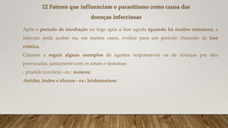 Após o período de incubação ou logo após a fase aguda (quando há muitos sintomas), a
infecção pode acabar ou, em muitos casos, evoluir para um período chamado de fase
crônica.
Citamos a seguir alguns exemplos de agentes responsáveis ou de doenças por eles
provocadas, juntamente com os sinais e sintomas:
- prurido (coceira) - ex.: oxiúros;
-feridas, lesões e úlceras - ex.: leishmaniose;
12 Fatores que influenciam o parasitismo como causa das
doenças infecciosas
 
