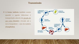  A forma indireta também ocorre
quando o agente infeccioso é
transportado através da picada de
um vetor (inseto) e levado até o
novo hospedeiro – caso da malária
(Anopheles).
Transmissão
 