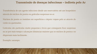 Transferência de um agente infeccioso desde um reservatório até um hospedeiro
através de núcleos de poeira ou gotículas suspensas no ar.
Núcleos de poeira se instalam em superfícies e depois viajam pelo ar através do
vento ou queimadas.
Gotículas são partículas muito pequenas e leves que conseguem ficar suspensas
no ar por mais tempo e alcançam distancias maiores que os núcleos de poeira e se
dispersam mais facilmente.
Exemplo: sarampo.
Transmissão de doenças infecciosas – indireta pelo Ar
 