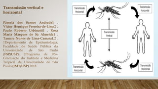 Transmissão vertical e
horizontal
Pâmela dos Santos Andrade1 ,
Victor Henrique Ferreira-de-Lima2 ,
Paulo Roberto Urbinatti1 , Rosa
Maria Marques de Sá Almeida1 ,
Tamara Nunes de Lima-Camara1,2 .
1Departamento de Epidemiologia,
Faculdade de Saúde Pública da
Universidade de São Paulo
(FSP/USP). 2Programa de Pós-
Graduação do Instituto e Medicina
Tropical da Universidade de São
Paulo (IMT/USP) 2018
 