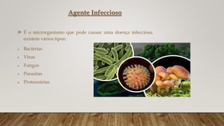 Agente Infeccioso
 É o microrganismo que pode causar uma doença infecciosa,
existem vários tipos:
 Bactérias
 Vírus
 Fungos
 Parasitas
 Protozoárias
 