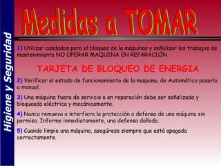 Higiene y Seguridad


                      1) Utilizar candados para el bloqueo de la máquinas y señalizar los trabajos de
                      mantenimiento NO OPERAR MAQUINA EN REPARACIÓN

                             TARJETA DE BLOQUEO DE ENERGIA
                      2) Verificar el estado de funcionamiento de la maquina, de Automático pasarlo
                      a manual.
                      3) Una máquina fuera de servicio o en reparación debe ser señalizada y
                      bloqueada eléctrica y mecánicamente.
                      4) Nunca remueva o interfiera la protección o defensa de una máquina sin
                      permiso. Informe inmediatamente, una defensa dañada.
                      5) Cuando limpie una máquina, asegúrese siempre que está apagada
                      correctamente.
 