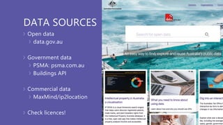 DATA SOURCES
Open data
data.gov.au
Government data
PSMA: psma.com.au
Buildings API
Commercial data
MaxMind/ip2location
Check licences!
 