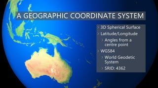A GEOGRAPHIC COORDINATE SYSTEM
3D Spherical Surface
Latitude/Longitude
Angles from a
centre point
WGS84
World Geodetic
System
SRID: 4362
 
