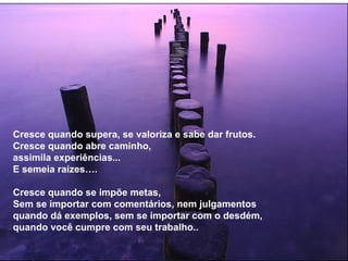 Cresce quando supera, se valoriza e sabe dar frutos. Cresce quando abre caminho, assimila experiências... E semeia raízes…. Cresce quando se impõe metas, Sem se importar com comentários, nem julgamentos quando dá exemplos, sem se importar com o desdém, quando você cumpre com seu trabalho.. 