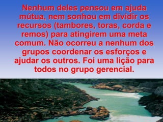 Nenhum deles pensou em ajuda 
mútua, nem sonhou em dividir os 
recursos (tambores, toras, corda e 
remos) para atingirem uma meta 
comum. Não ocorreu a nenhum dos 
grupos coordenar os esforços e 
ajudar os outros. Foi uma lição para 
todos no grupo gerencial. 
 