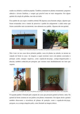 92
usadas na culinária e medicina popular. Também costumam ter plantas ornamentais, pequenos
arbustos e árvores frutíferas, e sempre que possível uma ou mais mangueiras. Em alguns
quintais há criação de galinhas, mas não em todos.
Esse padrão de casa segue o modelo colonial. Há algumas casas bastante antigas, algumas que
foram restauradas com o intuito de preservar o padrão de antigamente e ainda outras que
foram construídas mais recentemente, mas adotaram esse padrão. Algumas não tem quintal.
Figura 3.2-4: Casarões antigos de Vila Bela sem quintais na parte da frente.
Não é raro ver nas casas desse primeiro padrão, vasos de plantas na entrada, ou mesmo na
calçada em frente às casas. As imagens a seguir mostram vasos com plantas associadas à
proteção contra energias negativas, como espada-de-são-jorge, comigo-ninguém-pode e
dracena, também conhecida por peregum, que veremos mais detalhadamente nos itens que
seguem.
Figura 3.2-5: Exemplos de vasos com plantas de proteção colocadas na frente das casas e nas calçadas.
O segundo padrão é formado pelo conjunto de casas que possuem quintal na frente e atrás. No
quintal da frente costuma ter um jardim com plantas ornamentais. Em alguns destes quintais
também observamos a recorrência de plantas de proteção, como a espada-de-são-jorge,
peregum, ou a comigo-ninguém-pode, como ilustrado na imagem abaixo.
 
