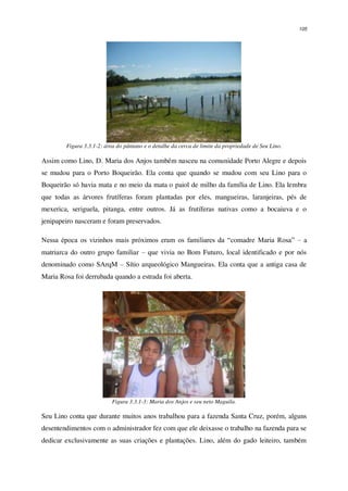 105
Figura 3.3.1-2: área do pântano e o detalhe da cerca de limite da propriedade de Seu Lino.
Assim como Lino, D. Maria dos Anjos também nasceu na comunidade Porto Alegre e depois
se mudou para o Porto Boqueirão. Ela conta que quando se mudou com seu Lino para o
Boqueirão só havia mata e no meio da mata o paiol de milho da família de Lino. Ela lembra
que todas as árvores frutíferas foram plantadas por eles, mangueiras, laranjeiras, pés de
mexerica, seriguela, pitanga, entre outros. Já as frutíferas nativas como a bocaiuva e o
jenipapeiro nasceram e foram preservados.
Nessa época os vizinhos mais próximos eram os familiares da “comadre Maria Rosa” – a
matriarca do outro grupo familiar – que vivia no Bom Futuro, local identificado e por nós
denominado como SArqM – Sítio arqueológico Mangueiras. Ela conta que a antiga casa de
Maria Rosa foi derrubada quando a estrada foi aberta.
Figura 3.3.1-3: Maria dos Anjos e seu neto Maguila.
Seu Lino conta que durante muitos anos trabalhou para a fazenda Santa Cruz, porém, alguns
desentendimentos com o administrador fez com que ele deixasse o trabalho na fazenda para se
dedicar exclusivamente as suas criações e plantações. Lino, além do gado leiteiro, também
 