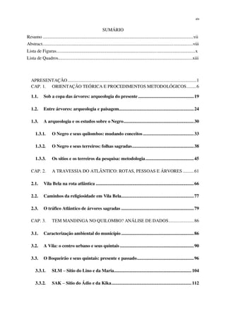 xiv
SUMÁRIO
Resumo ....................................................................................................................................vii
Abstract....................................................................................................................................viii
Lista de Figuras..........................................................................................................................x
Lista de Quadros......................................................................................................................xiii
APRESENTAÇÃO ..........................................................................................................1
CAP. 1. ORIENTAÇÃO TEÓRICA E PROCEDIMENTOS METODOLÓGICOS........6
1.1. Sob a copa das árvores: arqueologia do presente ..............................................19
1.2. Entre árvores: arqueologia e paisagem..............................................................24
1.3. A arqueologia e os estudos sobre o Negro..........................................................30
1.3.1. O Negro e seus quilombos: mudando conceitos ..........................................33
1.3.2. O Negro e seus terreiros: folhas sagradas...................................................38
1.3.3. Os sítios e os terreiros da pesquisa: metodologia........................................45
CAP. 2. A TRAVESSIA DO ATLÂNTICO: ROTAS, PESSOAS E ÁRVORES .........61
2.1. Vila Bela na rota atlântica .................................................................................66
2.2. Caminhos da religiosidade em Vila Bela............................................................77
2.3. O tráfico Atlântico de árvores sagradas ............................................................79
CAP. 3. TEM MANDINGA NO QUILOMBO? ANÁLISE DE DADOS.....................86
3.1. Caracterização ambiental do município ............................................................86
3.2. A Vila: o centro urbano e seus quintais .............................................................90
3.3. O Boqueirão e seus quintais: presente e passado...............................................96
3.3.1. SLM – Sítio do Lino e da Maria................................................................104
3.3.2. SAK – Sítio do Ádio e da Kika..................................................................112
 