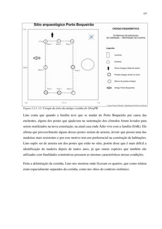 127
Figura 3.3.3- 13: Croqui da área da antiga cozinha do SArqPB.
Lino conta que quando a família teve que se mudar do Porto Boqueirão por causa das
enchentes, alguns dos postes que ajudavam na sustentação dos cômodos foram levados para
serem reutilizados na nova construção, na atual casa onde Ádio vive com a família (SAK). Ele
afirma que provavelmente alguns desses postes seriam de aroeira, árvore que possui uma das
madeiras mais resistentes e por esse motivo tem uso preferencial na construção de habitações.
Lino supôs ser de aroeira um dos postes que estão no sítio, porém disse que é mais difícil a
identificação da madeira depois de tantos anos, já que outras espécies que também são
utilizadas com finalidades construtivas possuem as mesmas características nessas condições.
Feita a delimitação da cozinha, Lino nos mostrou onde ficavam os quartos, que como relatou
eram espacialmente separados da cozinha, como nos sítios do contexto sistêmico.
 