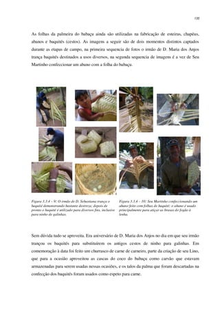 135
As folhas da palmeira do babaçu ainda são utilizadas na fabricação de esteiras, chapéus,
abanos e baquités (cestos). As imagens a seguir são de dois momentos distintos captados
durante as etapas de campo, na primeira sequencia de fotos o irmão de D. Maria dos Anjos
trança baquités destinados a usos diversos, na segunda sequencia de imagens é a vez de Seu
Martinho confeccionar um abano com a folha do babaçu.
Figura 3.3.4 – 9: O irmão de D. Sebastiana trança o
baquité demonstrando bastante destreza; depois de
pronto o baquité é utilizado para diversos fins, inclusive
para ninho de galinhas.
Figura 3.3.4 – 10: Seu Martinho confeccionando um
abano feito com folhas de baquité; o abano é usado
principalmente para atiçar as brasas do fogão à
lenha.
Sem dúvida tudo se aproveita. Era aniversário de D. Maria dos Anjos no dia em que seu irmão
trançou os baquités para substituírem os antigos cestos de ninho para galinhas. Em
comemoração à data foi feito um churrasco de carne de carneiro, parte da criação de seu Lino,
que para a ocasião aproveitou as cascas do coco do babaçu como carvão que estavam
armazenadas para serem usadas nessas ocasiões, e os talos da palma que foram descartadas na
confecção dos baquités foram usados como espeto para carne.
 