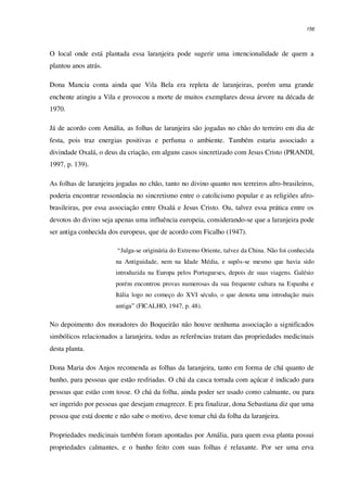 156
O local onde está plantada essa laranjeira pode sugerir uma intencionalidade de quem a
plantou anos atrás.
Dona Mancia conta ainda que Vila Bela era repleta de laranjeiras, porém uma grande
enchente atingiu a Vila e provocou a morte de muitos exemplares dessa árvore na década de
1970.
Já de acordo com Amália, as folhas de laranjeira são jogadas no chão do terreiro em dia de
festa, pois traz energias positivas e perfuma o ambiente. Também estaria associado a
divindade Oxalá, o deus da criação, em alguns casos sincretizado com Jesus Cristo (PRANDI,
1997, p. 139).
As folhas de laranjeira jogadas no chão, tanto no divino quanto nos terreiros afro-brasileiros,
poderia encontrar ressonância no sincretismo entre o catolicismo popular e as religiões afro-
brasileiras, por essa associação entre Oxalá e Jesus Cristo. Ou, talvez essa prática entre os
devotos do divino seja apenas uma influência europeia, considerando-se que a laranjeira pode
ser antiga conhecida dos europeus, que de acordo com Ficalho (1947).
“Julga-se originária do Extremo Oriente, talvez da China. Não foi conhecida
na Antiguidade, nem na Idade Média, e supôs-se mesmo que havia sido
introduzida na Europa pelos Portugueses, depois de suas viagens. Galésio
porém encontrou provas numerosas da sua frequente cultura na Espanha e
Itália logo no começo do XVI século, o que denota uma introdução mais
antiga” (FICALHO, 1947, p. 48).
No depoimento dos moradores do Boqueirão não houve nenhuma associação a significados
simbólicos relacionados a laranjeira, todas as referências tratam das propriedades medicinais
desta planta.
Dona Maria dos Anjos recomenda as folhas da laranjeira, tanto em forma de chá quanto de
banho, para pessoas que estão resfriadas. O chá da casca torrada com açúcar é indicado para
pessoas que estão com tosse. O chá da folha, ainda poder ser usado como calmante, ou para
ser ingerido por pessoas que desejam emagrecer. E pra finalizar, dona Sebastiana diz que uma
pessoa que está doente e não sabe o motivo, deve tomar chá da folha da laranjeira.
Propriedades medicinais também foram apontadas por Amália, para quem essa planta possui
propriedades calmantes, e o banho feito com suas folhas é relaxante. Por ser uma erva
 