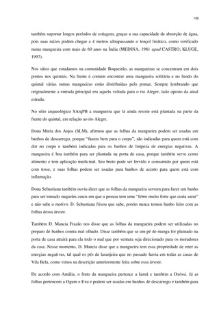 159
também suportar longos períodos de estiagem, graças a sua capacidade de absorção de água,
pois suas raízes podem chegar a 4 metros ultrapassando o lençol freático, como verificado
numa mangueira com mais de 60 anos na Índia (MEDINA, 1981 apud CASTRO; KLUGE,
1997).
Nos sítios que estudamos na comunidade Boqueirão, as mangueiras se concentram em dois
pontos nos quintais. Na frente é comum encontrar uma mangueira solitária e no fundo do
quintal várias outras mangueiras estão distribuídas pelo pomar. Sempre lembrando que
originalmente a entrada principal era aquela voltada para o rio Alegre, lado oposto da atual
estrada.
No sítio arqueológico SArqPB a mangueira que lá ainda resiste está plantada na parte da
frente do quintal, em relação ao rio Alegre.
Dona Maria dos Anjos (SLM), afirmou que as folhas da mangueira podem ser usadas em
banhos de descarrego, porque “fazem bem para o corpo”, são indicadas para quem está com
dor no corpo e também indicadas para os banhos de limpeza de energias negativas. A
mangueira é boa também para ser plantada na porta de casa, porque também serve como
alimento e tem aplicação medicinal. Seu broto pode ser fervido e consumido por quem está
com tosse, e suas folhas podem ser usadas para banhos de acento para quem está com
inflamação.
Dona Sebastiana também ouviu dizer que as folhas da mangueira servem para fazer um banho
para ser tomado naqueles casos em que a pessoa tem uma “febre muito forte que custa sarar”
e não sabe o motivo. D. Sebastiana frisou que sabe, porém nunca tomou banho feito com as
folhas dessa árvore.
Também D. Mancia Frazão nos disse que as folhas da mangueira podem ser utilizadas no
preparo de banhos contra mal olhado. Disse também que se um pé de manga for plantado na
porta de casa atrairá para ela todo o mal que por ventura seja direcionado para os moradores
da casa. Nesse momento, D. Mancia disse que a mangueira tem essa propriedade de reter as
energias negativas, tal qual os pés de laranjeira que no passado havia em todas as casas de
Vila Bela, como vimos na descrição anteriormente feita sobre essa árvore.
De acordo com Amália, o fruto da mangueira pertence a Iansã e também a Oxóssi. Já as
folhas pertencem a Ogum e Exu e podem ser usadas em banhos de descarrego e também para
 