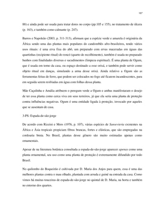 167
88) e ainda pode ser usada para tratar dores no corpo (pp.105 e 155), no tratamento de úlcera
(p. 163), e também como calmante (p. 247).
Barros e Napoleão (2003, p. 311-313), afirmam que a espécie verde e amarela é originária da
África sendo uma das plantas mais populares do candomblés afro-brasileiros, tendo vários
usos rituais: é uma erva fixa do abô, um preparado com ervas maceradas em águas das
quartinhas (recipiente ritual) do roncó (quarto de recolhimento), também é usada no preparado
banhos com finalidades diversas e sacudimentos (limpeza espiritual). É uma planta de Ogum,
que é usada em torno da casa, ou espaço destinado a esse orixá, e também pode servir como
objeto ritual em danças, simulando a arma desse orixá. Ainda relativo a Ogum são as
ferramentas feitas de ferro, que podem ser colocados no fogo até ficarem incandescentes, para
em seguida serem resfriadas em água com folhas dessa planta.
Mãe Caçulinha e Amália atribuem o peregum verde a Ogum e ambas manifestaram o desejo
de ter essa planta como cerca viva em seus terreiros, já que ela seria uma planta de proteção
contra influências negativas. Ogum é uma entidade ligada à proteção, invocado por aqueles
que se ausentam de casa.
3-PS: Espada-de-são-jorge
De acordo com Rizzini e Mors (1976, p. 107), várias espécies de Sansevieria existentes na
África e Ásia tropicais propiciam fibras brancas, fortes e elásticas, que são empregadas na
cordoaria bruta. No Brasil, plantas desse gênero são muito estimadas apenas como
ornamentais.
Apesar de na literatura botânica consultada a espada-de-são-jorge aparecer apenas como uma
planta ornamental, seu uso como uma planta de proteção é extremamente difundido por todo
Brasil.
No quilombo do Boqueirão é cultivada por D. Maria dos Anjos para quem, essa é uma das
melhores plantas contra o mau olhado, plantada com arruda e guiné na entrada da casa. Como
vimos há muitas touceiras de espada-de-são-jorge no quintal de D. Maria, na horta e também
no entorno dos quartos.
 