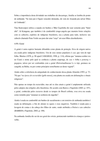 169
Sobre a importância desta divindade nos trabalhos de descarrego, Amália se lembra do ponto
de umbanda: “Se meu pai é Ogum vencedor demanda, ele vem de Aruanda pra salvar filhos
de Umbanda”.
Tata Katuvanjesi utiliza a espada em banhos e Mãe Caçulinha diz usar somente para “bater
ebó”. Já Kiangana, que também é do candomblé congo-angola que mantem fortes relações
com os caboclos, espíritos de indígenas brasileiros, usa a planta para tudo, inclusive seu
caboclo chamado Pena Verde usa para dar uma “coça” em seus filhos desobedientes.
4-PS: Guiné
A guiné é outra espécie bastante difundida como planta de proteção. Erva de origem nativa
era usada pelos indígenas brasileiros. Um de seus nomes populares é caá, que vem do tupi
folha. Martius (1978, p. 98 apud CAMARGO, 1998, p. 114), afirma que “amansa-senhor era
no Ceará o nome pelo qual se conhecia a planta caaponga, de caa = folha e pomong =
pegajoso, talvez por ser confundida com a guiné (Petiveriaalliaceae L.) o tipi, gerataca ou
cangabá, na Bahia, ou por conter princípios semelhantes ao desse vegetal”.
Ainda sobre a referência da antiguidade do conhecimento dessa planta Almeida (1993, p. 73-
74) que “na época do escravidão [grifo nosso], esta planta era usada em defumações e rituais
religiosos”.
Não apenas no tempo da escravidão, mas até os dias atuais a guiné é amplamente utilizada
pelos adeptos das religiões afro-brasileiras. De acordo com Barros e Napoleão (2003, p. 197),
a guiné, conhecida pelos escravos desde os tempos do Brasil colônia, essa erva era usada
como remédio para “amansar os senhores de engenho”.
Ainda é usada no candomblé em banhos de sacudimento e em terreiros de umbanda também é
usada na defumação, a fim de afastar os eguns e exus negativos. Também é usada para a
lavagem de contas e da cabeça dos filhos de santo, sendo atribuída a Oxóssi e aos caboclos
(BARROS e Napoleão, 2003, p. 198).
Na umbanda Amália diz ser de uso geral dos orixás, pertencendo também às crianças e pretos-
velho.
 