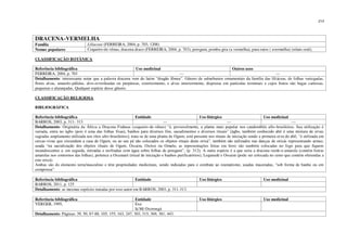 213
DRACENA-VERMELHA
Família Liliaceae (FERREIRA, 2004, p. 703, 1208)
Nomes populares Coqueiro-de-vênus, dracena draco (FERREIRA, 2004, p. 703), peregum, pomba-gira (a vermelha), para-raios ( avermelha) (relato oral);
CLASSIFICAÇÃO BOTÂNICA
Referência bibliográfica Uso medicinal Outros usos
FERREIRA, 2004, p. 703 --- ---
Detalhamento: interessante notar que a palavra dracena vem do latim “dragão fêmea”. Gênero de subarbustos ornamentais da família das liliáceas, de folhas variegadas,
flores alvas, amarelo-pálidas, alvo-esverdeadas ou purpúreas, exteriormente, e alvas interiormente, dispostas em panículas terminais e cujos frutos são bagas carnosas,
pequenas e alaranjadas. Qualquer espécie desse gênero.
CLASSIFICAÇÃO RELIGIOSA
BIBLIOGRÁFICA
Referência bibliográfica Entidade Uso litúrgico Uso medicinal
BARROS, 2003, p. 311- 313 --- --- ---
Detalhamento: Originária da África a Dracena Frahnas (coqueiro-de-vênus) “é, provavelmente, a planta mais popular nos candomblés afro-brasileiros. Sua utilização é
variada, entra no àgbo (pois é uma das folhas fixas), banhos para diversos fins, sacudimentos e diversos rituais” [àgbo, também conhecido abô é uma mistura de ervas
sagradas amplamente utilizada nos ritos afro-brasileiros]; trata-se de uma planta de Ogum; está presente nos rituais de iniciação sendo a primeira erva do abô; “é utilizada em
cercas-vivas que circundam a casa de Ogum, ou ao seu pé são colocados os objetos rituais deste orixá”, também são utilizados nas danças de orixás representando armas;
usada “na sacralização dos objetos rituais de Ogum, Ossaim, Oxóssi ou Omulu; as representações feitas em ferro são também colocadas no fogo para que fiquem
incandescentes e, em seguida, retiradas e resfriadas com água sobre folhas de peregum”; (p. 312); A outra espécie é a que seria a dracena-verde-e-amarela (contém listras
amarelas nos contornos das folhas), pertence a Oxumaré (ritual de iniciação e banhos purificatórios), Logunedé e Ossaim (pode ser colocada no cesto que contém oferendas a
este orixá).
Ambas são do elemento terra/masculino e têm propriedades medicinais, sendo indicadas para o combate ao reumatismo, usadas maceradas, “sob forma de banho ou em
compressa”.
Referência bibliográfica Entidade Uso litúrgico Uso medicinal
BARROS, 2011, p. 125
Detalhamento: as mesmas espécies tratadas por esse autor em BARROS, 2003, p. 311-313.
Referência bibliográfica Entidade Uso litúrgico Uso medicinal
VERGER, 1995, Exu
Iá Mi Oxorongá
Detalhamento: Páginas: 39, 50, 87-88, 105, 155, 163, 247, 303, 315, 369, 381, 443.
 
