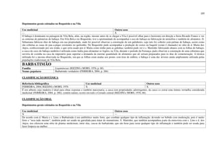 225
Depoimentos gerais coletados no Boqueirão e na Vila
Uso medicinal Outros usos
--- X
O babaçu é dominante na paisagem de Vila Bela, aliás, na região, mesmo antes de se chegar a Vila é possível olhar para o horizonte em direção a Serra Ricardo Franco e ver
as centenas de palmeiras de babaçu. Em Vila Bela e no Boqueirão, tive a oportunidade de acompanhar o uso do babaçu na fabricação de utensílios e também de alimentos. D.
Sebastiana fabricou óleo de babaçu em sua propriedade, onde foi possível observar a construção de um galinheiro, cujo teto foi coberto com palmas de babaçu, assim como
são cobertas as casas de pau-a-pique existentes no quilombo. No Boqueirão pude acompanhar a produção de cestos ou baquité (como é chamado) no sítio de d. Maria dos
Anjos, confeccionado por seu irmão, e que seria usado por d. Maria como ninho para as galinhas; também pude ver o s. Martinho fabricando abanos com as folhas do babaçu;
a casca do coco do babaçu também é utilizada como lenha para alimentar os fogões; na Vila, durante o período da Festança, pude observar a construção de uma cobertura que
serviria de cozinha na casa da imperatriz para suportar a demanda da enorme quantidade de alimentos que ali seriam preparados para os dias de comemoração. A técnica
utilizada foi a mesma observada no Boqueirão, em que as folhas eram atadas aos postes com tiras de embira; o babaçu é uma das árvores ainda amplamente utilizada pelas
populações tradicionais de Vila Bela.
BARBATIMÃO
Família Leguminosae (RIZZINI e MORS, 1976, p. 68)
Nomes populares Barbatimão verdadeiro (FERREIRA, 2004, p. 266)
CLASSIFICAÇÃO BOTÂNICA
Referência bibliográfica Uso medicinal Outros usos
FERREIRA, 2004; RIZZINI e MORS, 1976 X X
É um arbusto cuja madeira é ideal para obras expostas e também marcenaria; a casca tem propriedades adstringentes, da casca se extrai uma tintura vermelha considerada
medicinal (FERREIRA, 2004, p. 266); contém tanino; ocorre em todo o Cerrado central (RIZZINI e MORS, 1976, 68).
CLASSIFICAÇÃO ORAL
Depoimentos gerais coletados no Boqueirão e na Vila
Uso medicinal Outros usos
X ---
De acordo com d. Maria e s. Lino, o Barbatimão é um antibiótico muito forte, que combate qualquer tipo de inflamação, devendo ser bebido com moderação, pois é muito
forte e “seca tudo mesmo”; também pode ser usado na garrafada para tratar de reumatismo; S. Martinho, que também acompanhou parte da entrevista com s. Lino e d. dos
Anjos, nos ofereceu uma série de plantas medicinais, entre elas, cascas de barbatimão, que são boas para curar qualquer tipo de inflamação e também pode ser usada para
fazer limpeza na mulher.
 