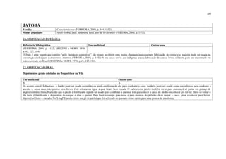 226
JATOBÁ
Família Caesalpiniaceae (FERREIRA, 2004, p. 444, 1152)
Nomes populares Abati-timbaí, jataí, jutaipeba, jutaí, pão-de-ló-de-mico (FEREIRA, 2004, p. 1152),
CLASSIFICAÇÃO BOTÂNICA
Referência bibliográfica Uso medicinal Outros usos
(FERREIRA, 2004, p. 1152), (RIZZINI e MORS, 1976,
p. 41, 127, 184)
O fruto é uma vagem que contém “arilo farináceo comestível”, do tronco se obtém uma resina chamada jutaicica para fabricação de verniz e a madeira pode ser usada na
construção civil e para acabamentos internos (FEREIRA, 2004, p. 1152) A sua casca servia aos indígenas para a fabricação de canoas leves; o Jatobá pode ser encontrado em
todo o cerrado do Brasil (IRIZZINI e MORS, 1976, p.41, 127, 184).
CLASSIFICAÇÃO ORAL
Depoimentos gerais coletados no Boqueirão e na Vila
Uso medicinal Outros usos
X X
De acordo com d. Sebastiana, o Jatobá pode ser usado no melote ou ainda em forma de chá para combater a tosse, também pode ser usado como um refresco para combater a
anemia e, nesse caso, não precisa nem ferver, é só colocar na água, a qual ficará bem corada. O melote com jatobá também serve para anemia, é só juntar um pedaço de
angico também. Dona Maria diz que o jatobá é fortificante e pode ser usado para combater a anemia: tem que colocar a casca de molho ou colocar pra ferver; Deve-se tomar o
dia todo, é fortificante e depurativo do sangue e abre o apetite. Para fazer o xarope para tosse e para doenças do pulmão, deve raspar a casca, picar e colocar para ferver,
depois é só fazer o melado. No SArqPB ainda existe um pé de jatobá que foi utilizado no passado como apoio para uma prensa de mandioca.
 