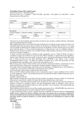 253
f)Caçulinha d'Oxum, Mãe (Carlita Gomes)
Abassá Oxum Oxóssi - candomblé angola
Rua Lúcio Paim, 124 — Cangaíba — CEP 03732-090 - São Paulo – SP, telefone: (11) 2642-5823 – e-mail:
abassaoxumoxossi@hotmail.com
ÁRVORES
Cedro Embaúba Laranjeira Mangueira Tarumã
IANSÃ
Da chamada
embaúba -branca
Oxóssi e Ogum OGUM
Sobretudo a
manga-espada
PLANTAS
Comigo-ninguém-
pode
Dracena vermelha Espada-de-são-
jorge
Guiné Pinhão roxo
IANSÃ,
OBALUAIÊ
OGUM Oxóssi
Na entrevista com mãe Caçulinha, além das plantas de interesse para a pesquisa, também coletamos informações
sobre outras apresentadas pela zeladora.
Mãe Caçulinha falou sobre a sua iniciação feita pelo Pai Belarmino, inicialmente no ketu, porém seu terreiro é de
candomblé-angola. Ela conta que nasceu em Campos dos Goytacazes, no Estado do Rio de Janeiro, e era casada
com um jogador de futebol que foi vendido para um time de São Paulo. Foi dessa maneira que ela veio morar
aqui. Conta que desde os 7 anos já recebia incorporação (o erê Raio-de-sol), e que sua verdadeira família é a
família de santo. Ela não tem contato com sua família biológica. Mãe Caçulinha contou que uma de suas filhas e
uma neta se tornaram evangélicas.
As festas no terreiro eram frequentes. Algumas eu pude acompanhar, como as “Águas de Oxalá”, nas quais a
sacerdotisa sai pelas ruas do bairro com o povo-de-santo. Muitos moradores se aproximam de mãe Caçulinha e
ainda de outros filhos-de-santo para receber um pouco da água e da benção purificadora de Oxalá. Mãe conta
que no início das festas teve que pedir autorização para o DETRAN e que durante 4 anos a polícia
acompanhou/fiscalizou a festa, e ao findar esse período, considerou que as festas não precisariam ser mais
acompanhadas pelas autoridades, já que o terreiro não fazia algazarra na rua.
Mãe conta que após a festa de Oxalá, vinham a festa de Oxóssi e Ogum (pois Oxóssi é comemorado em 23 de
abril, dia de São Jorge, e Ogum, que é sincretizado com Santo Antônio, é festejado no dia 13 de junho).
Já em junho vinha a festa para Xangô, sincretizado com São João Batista, o Xangô Irá, que se veste de Branco, e
o Agodô, que é sincretizado com São Pedro, comemorado no dia 24 de junho.
Assim a festa para os três orixás era sempre feita no mês de junho.
Neste ano (2012?), Mãe Caçulinha ainda não sabe se será possível seguir o mesmo calendário de festa. Ela diz
ter muita saudade das “Águas”, mas acredita que não fará. Por problemas de saúde e também financeiros, pois as
festas são muito custosas.
Em julho o abaçá fará 40 anos.
Mãe Caçulinha considera que se uma folha é boa para remédio, ela também é boa para o banho. E a maioria das
folhas que serve para Oxossi, também é de Ogum, devido à proximidade desses orixás irmãos.
Sobre as folhas, a sacerdotisa afirmou durante vários momentos de nossa entrevista que todas elas pertencem a
Katende ou Ossaim (a sacerdotisa utiliza-se das duas denominações dadas às entidades), assim, antes de
pertencer a qualquer outra divindade, pertence ao “Dono das folhas”. Em um momento, citou Oxalá dizendo que
as folhas passam primeiro por ele.
Mãe Caçulinha não falou muito de ervas de Exú, quando questionada sobre se a MANGUEIRA seria uma árvore
de Exú, ela respondeu que para esse orixá as folhas provém de ervas pequenas.
A seguir apresentamos todas as árvores e plantas que foram comentadas ao longo da entrevista. Primeiramente
aquelas árvores e plantas de interesse simbólico (AS), bem como aquelas que se encaixam na categoria de
árvores com utilidades diversas, porém não simbólicas (AUD), as plantas com significado simbólico (OS), folhas
que foram citadas ao longo da pesquisa e, ao final, aquelas plantas que fotografamos no terreiro de Mãe
Caçulinha.
Deixa o grifo acima?
ÁRVORES
a) Cedro
b) Embaúba
c) Laranjeira
d) Mangueira
 