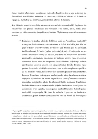 43
Desses estudos sobre plantas sagradas nos cultos afro-brasileiros tem-se que as árvores são
fundamentais nos diferentes momentos do culto e no cotidiano do terreiro. As árvores e o
espaço não habitado e não construído, correspondem a forças da natureza.
Sem folha não tem orixá, sem folha não tem axé, sem axé não tem candomblé. As plantas são
fundamentais nas práticas ritualísticas afro-brasileiras. Suas folhas, casca, raízes, estão
presentes em vários momentos das práticas cerimônias. Abaixo enumeramos algumas dessas
práticas:
 Iniciação: é o ritual de admissão do filho de santo nos “segredos do candomblé”
é composto de várias etapas, antes mesmo de se definir pela iniciação é feito um
jogo de búzios (ou outro sistema divinatório) que definirá qual é a divindade,
também chamada de “orixá (vodum ou inquice) de cabeça”; o jogo não apenas
defini a entidade de cabeça do iniciado, mas todos os passos dados no terreiro
em relação a sua iniciação e as demais atividades do terreiro. Nesse processo de
admissão a pessoa passa por um período de recolhimento, cujo tempo varia de
acordo com o terreiro e também com a disponibilidade do filho de santo. Nesse
período de reclusão o iniciado tem contato com as diversas plantas específicas
de sua entidade, ou não, nos diversos ritos realizados plantas usadas em banhos,
lavagens de artefatos e do espaço, na alimentação, além daquelas presentes no
espaço de recolhimento. Os banhos de purificação (amaci)2
são feitos com ervas
maceradas, respeitando a adição das plantas atribuídas a entidade de cabeça do
iniciado, do sacerdote e também aquelas próprias da divindade a qual pertence o
domínio das ervas sagradas, Ossaim para o candomblé queto e Katende para o
candomblé congo-angola. No caso da umbanda o processo de iniciação é
diferenciado, porém também conta com uma série de banhos de purificação e
2
“‘água sagrada’, que purifica, regenera e cura, pois nela se concentra o poder mágico e medicina das plantas e as influências
dos orixás que lhe infundem suas energias. Os negros, a exemplo dos antigos romanos, associam uma divindade, um espírito,
a cada arbusto, a cada árvore. (...) A consciência e a autoridade de um bom conhecedor de euê impedirá a omissão de
algumas folhas indispensáveis e a nociva introdução daquelas que não se empregam no assentamento, ou a substituição de
umas por outras, esquecimentos e erros que, na elaboração do omieró [amaci], podem ser graves e talvez até mesmo
fatais(CABRERA, 2004, p. 155).
 