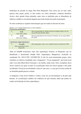 47
lembranças do passado no antigo Sitio Porto Boqueirão. Lino, talvez por ser mais velho,
pareceu mais arguto, porém, os dois irmãos, em vários momentos, souberam identificar
árvores, dizer quando foram plantadas, quais eram as preferidas para as brincadeiras de
infância e também se recordaram daquelas que já não faziam mais parte da paisagem.
Os sítios receberam as seguintes denominações que são usadas no decorrer do texto:
Quadro 1.3.3-1: Siglas adotadas para os sítios estudados:
CONTEXTO SISTÊMICO
1 SAK
(Sítio Ádio e Kika)
Sítio de propriedade de Abedias Frazão de Almeida (Ádio) e de sua
esposa Elisandra Botelho (Kika)
2 SLM
(Sítio Lino e Maria)
Sítio de propriedade de Lino Frazão de Almeida e de sua esposa Maria
dos Anjos
CONTEXTO ARQUEOLÓGICO
1 SArqPB
(Sítio Arqueológico Porto
Boqueirão)
Sítio arqueológico onde viveu a família Frazão de Almeida até 1980.
Além do SArqPB localizamos outro sítio arqueológico histórico no Boqueirão, que foi
identificado e denominado SArqM (Sítio Arqueológico Mangueiras), localizado na
coordenada 21L 185113.79E / 8323009.78S. O sítio foi assim denominado porque vários
moradores se referem a localidade como “mangueiras”, “lá nas mangueiras”, pois nesse local
onde viveu dona Maria Rosa Conceição e sua família, ainda existe vários exemplares dessa
árvore, inclusive nos quais se pode ver escarificações feitas nos troncos quando o sítio ainda
era habitado. O local já esta desabitado a mais de vinte anos, e a casa que lá existia acabou de
ser demolida quando passou a estrada.
A mangueira é uma árvore frutífera e exótica, como tal, sua disseminação se dá pela ação
humana. As escarificações também são evidências da ação humana, dados que podem ser
usados na localização de sítios arqueológicos.
 