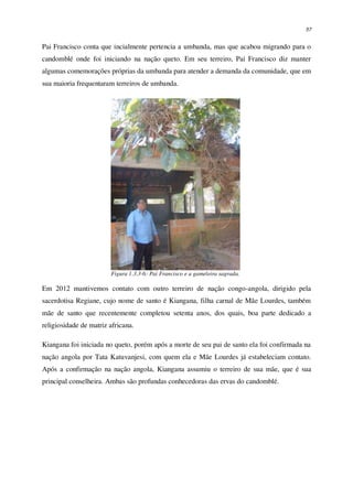 57
Pai Francisco conta que incialmente pertencia a umbanda, mas que acabou migrando para o
candomblé onde foi iniciando na nação queto. Em seu terreiro, Pai Francisco diz manter
algumas comemorações próprias da umbanda para atender a demanda da comunidade, que em
sua maioria frequentaram terreiros de umbanda.
Figura 1.3.3-6: Pai Francisco e a gameleira sagrada.
Em 2012 mantivemos contato com outro terreiro de nação congo-angola, dirigido pela
sacerdotisa Regiane, cujo nome de santo é Kiangana, filha carnal de Mãe Lourdes, também
mãe de santo que recentemente completou setenta anos, dos quais, boa parte dedicado a
religiosidade de matriz africana.
Kiangana foi iniciada no queto, porém após a morte de seu pai de santo ela foi confirmada na
nação angola por Tata Katuvanjesi, com quem ela e Mãe Lourdes já estabeleciam contato.
Após a confirmação na nação angola, Kiangana assumiu o terreiro de sua mãe, que é sua
principal conselheira. Ambas são profundas conhecedoras das ervas do candomblé.
 