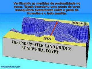 Verificando as medidas de profundidade no sonar, Wyatt descobriu uma ponte de terra subaquática exatamente entre a praia de Nuweiba e o lado saudita. 