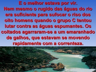 E o melhor estava por vir.
 Nem mesmo o rugido das águas do rio
  era suficiente para sufocar o riso dos
 oito homens quando o grupo C tentou
 lutar contra as águas espumantes. Os
coitados agarraram-se a um emaranhado
  de galhos, que estavam se movendo
     rapidamente com a correnteza.
 