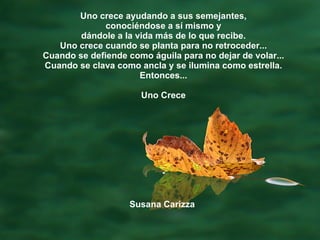 Uno crece ayudando a sus semejantes, conociéndose a sí mismo y dándole a la vida más de lo que recibe. Uno crece cuando se planta para no retroceder... Cuando se defiende como águila para no dejar de volar... Cuando se clava como ancla y se ilumina como estrella. Entonces... Uno Crece Susana Carizza   