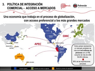 3. POLÍTICA DE INTEGRACIÓN
COMERCIAL - ACCESO A MERCADOS
Una economía que trabaja en el proceso de globalización,
con acceso preferencial a los más grandes mercados

Estos países representan
un mercado ampliado de
más de 4 mil millones de
personas con un PBI
conjunto de más de US$
56,000 millones.
96% de las exportaciones
peruanas
Acuerdo vigente
Acuerdo vigente

Acuerdo por entrar en vigencia
Acuerdo por entrar en vigencia

Acuerdo en proceso de negociación
Acuerdo en proceso de negociación

 