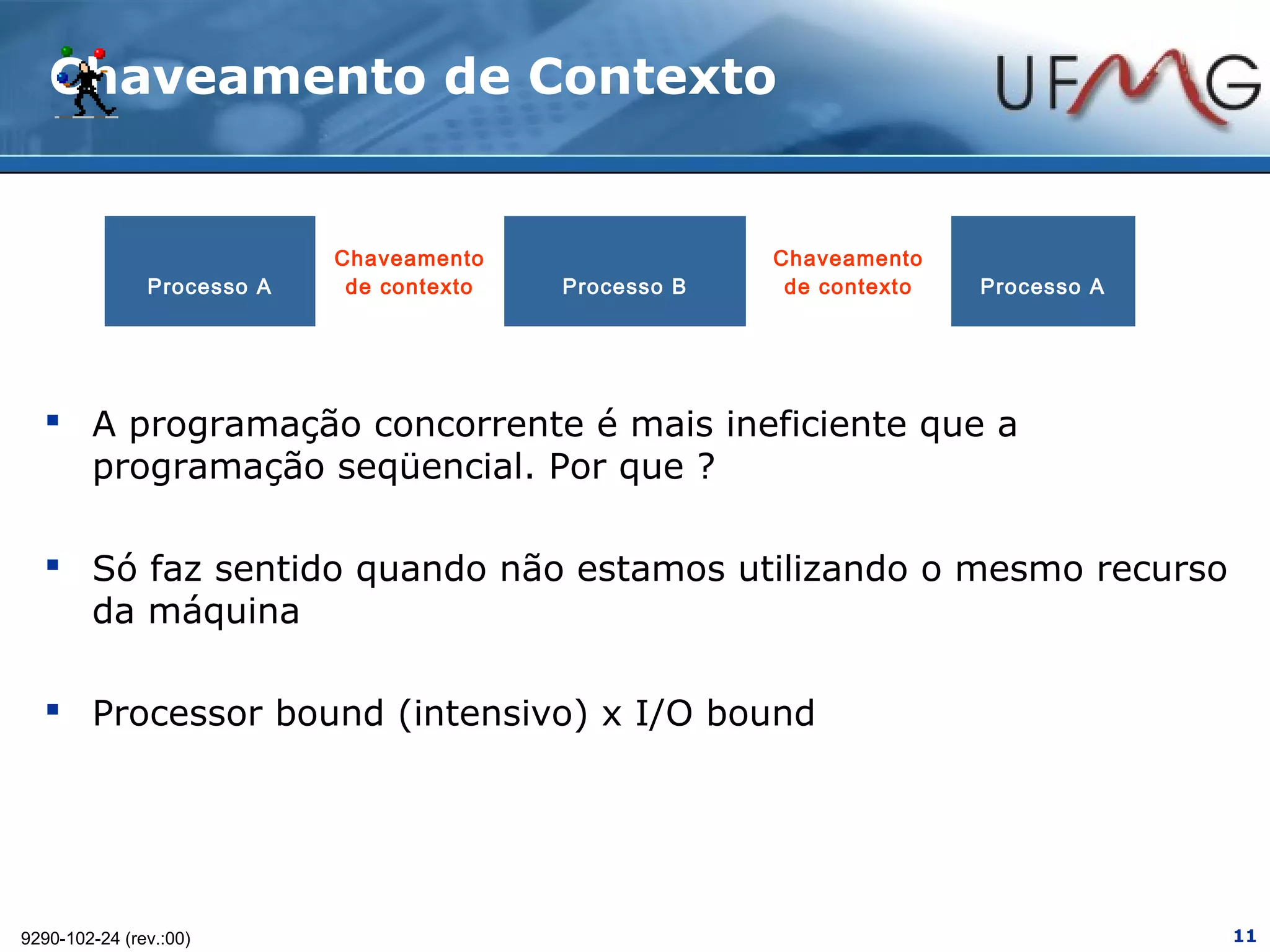 Chaveamento de Contexto


                            Chaveamento                 Chaveamento
               Processo A    de contexto   Processo B    de contexto   Processo A




   A programação concorrente é mais ineficiente que a
    programação seqüencial. Por que ?

   Só faz sentido quando não estamos utilizando o mesmo recurso
    da máquina

   Processor bound (intensivo) x I/O bound




9290-102-24 (rev.:00)                                                               11
 