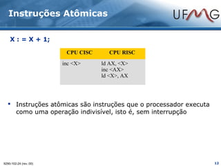 Instruções Atômicas

    X : = X + 1;

                         CPU CISC     CPU RISC
                        inc <X>     ld AX, <X>
                                    inc <AX>
                                    ld <X>, AX




   Instruções atômicas são instruções que o processador executa
    como uma operação indivisível, isto é, sem interrupção




9290-102-24 (rev.:00)                                              12
 