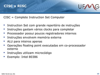 CISC x RISC


  CISC = Complete Instruction Set Computer

   Instruction Set com grande repertório de instruções
   Instruções gastam vários clocks para completar
   Processador possui poucos registradores internos
   Instruções envolvem memória externa
   ALU para inteiros apenas
   Operações floating point executadas em co-processador
    externo
   Instruções utilizam microcódigo
   Exemplo: Intel 80386




9290-102-24 (rev.:00)                                       13
 
