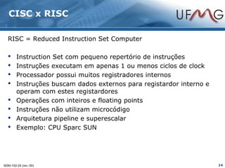 CISC x RISC

  RISC = Reduced Instruction Set Computer

       Instruction Set com pequeno repertório de instruções
       Instruções executam em apenas 1 ou menos ciclos de clock
       Processador possui muitos registradores internos
       Instruções buscam dados externos para registardor interno e
        operam com estes registardores
       Operações com inteiros e floating points
       Instruções não utilizam microcódigo
       Arquitetura pipeline e superescalar
       Exemplo: CPU Sparc SUN




9290-102-24 (rev.:00)                                                 14
 