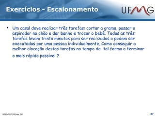Exercícios - Escalonamento

     Um casal deve realizar três tarefas: cortar a grama, passar o
      aspirador no chão e dar banho e trocar o bebê. Todas as três
      tarefas levam trinta minutos para ser realizadas e podem ser
      executadas por uma pessoa individualmente. Como conseguir a
      melhor alocação destas tarefas no tempo de tal forma a terminar
         o mais rápido possível ?




9290-102-24 (rev.:00)                                                   27
 