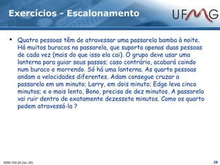 Exercícios - Escalonamento

     Quatro pessoas têm de atravessar uma passarela bamba à noite.
      Há muitos buracos na passarela, que suporta apenas duas pessoas
      de cada vez (mais do que isso ela cai). O grupo deve usar uma
      lanterna para guiar seus passos; caso contrário, acabará caindo
      num buraco e morrendo. Só há uma lanterna. As quarto pessoas
      andam a velocidades diferentes. Adam consegue cruzar a
      passarela em um minuto; Larry, em dois minuto; Edge leva cinco
      minutos; e o mais lento, Bono, precisa de dez minutos. A passarela
      vai ruir dentro de exatamente dezessete minutos. Como os quarto
      podem atravessá-la ?




9290-102-24 (rev.:00)                                                      28
 