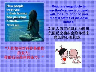 11
Reacting negatively to
another’s speech or deed
will for sure bring to you
mental states of dis-ease
indeed.
对他人的言论或行为做...