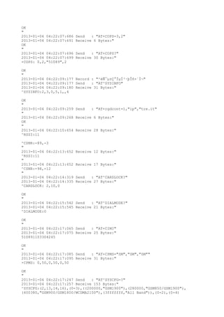 OK
"
2013-01-04 04:22:07:686   Send   : "AT+COPS=3,2"
2013-01-04 04:22:07:691   Receive 6 Bytes:"
OK
"
2013-01-04 04:22:07:696   Send   : "AT+COPS?
"
2013-01-04 04:22:07:699   Receive 30 Bytes:"
+COPS: 0,2,"51089",2

OK
"
2013-01-04 04:22:09:177 Record : "²éÑ¯µ±Ç°ÏµÍ³·þÎñ×´Ì¬"
2013-01-04 04:22:09:177 Send   : "AT^SYSINFO"
2013-01-04 04:22:09:180 Receive 31 Bytes:"
^SYSINFO:2,3,0,5,1,,4

OK
"
2013-01-04 04:22:09:259 Send   : "AT+cgdcont=1,"ip","tre.it"
"
2013-01-04 04:22:09:268 Receive 6 Bytes:"
OK
"
2013-01-04 04:22:10:654 Receive 28 Bytes:"
^RSSI:11

^CSNR:-89,-3
"
2013-01-04 04:22:13:652   Receive 12 Bytes:"
^RSSI:11
"
2013-01-04 04:22:13:652   Receive 17 Bytes:"
^CSNR:-98,-12
"
2013-01-04 04:22:14:319   Send   : "AT^CARDLOCK?
"
2013-01-04 04:22:14:335   Receive 27 Bytes:"
^CARDLOCK: 2,10,0

OK
"
2013-01-04 04:22:15:542 Send   : "AT^DIALMODE?
"
2013-01-04 04:22:15:545 Receive 21 Bytes:"
^DIALMODE:0

OK
"
2013-01-04 04:22:17:065 Send   : "AT+CIMI"
2013-01-04 04:22:17:075 Receive 25 Bytes:"
510891103304245

OK
"
2013-01-04 04:22:17:085 Send   : "AT+CPMS="SM","SM","SM""
2013-01-04 04:22:17:095 Receive 31 Bytes:"
+CPMS: 0,50,0,50,0,50

OK
"
2013-01-04 04:22:17:247 Send   : "AT^SYSCFG=?
"
2013-01-04 04:22:17:257 Receive 153 Bytes:"
^SYSCFG:(2,13,14,16),(0-3),((200000,"GSM1900"),(280000,"GSM850/GSM1900"),
(400380,"GSM900/GSM1800/WCDMA2100"),(3fffffff,"All Band")),(0-2),(0-4)
 