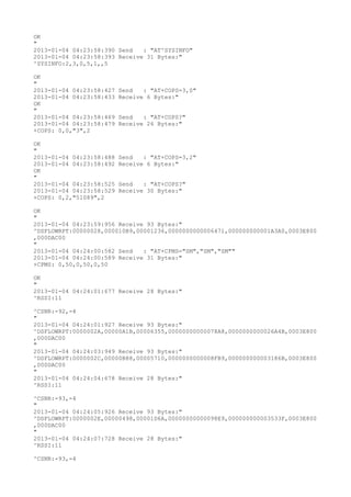 OK
"
2013-01-04 04:23:58:390 Send   : "AT^SYSINFO"
2013-01-04 04:23:58:393 Receive 31 Bytes:"
^SYSINFO:2,3,0,5,1,,5

OK
"
2013-01-04 04:23:58:427   Send   : "AT+COPS=3,0"
2013-01-04 04:23:58:433   Receive 6 Bytes:"
OK
"
2013-01-04 04:23:58:469   Send   : "AT+COPS?
"
2013-01-04 04:23:58:479   Receive 26 Bytes:"
+COPS: 0,0,"3",2

OK
"
2013-01-04 04:23:58:488   Send   : "AT+COPS=3,2"
2013-01-04 04:23:58:492   Receive 6 Bytes:"
OK
"
2013-01-04 04:23:58:525   Send   : "AT+COPS?
"
2013-01-04 04:23:58:529   Receive 30 Bytes:"
+COPS: 0,2,"51089",2

OK
"
2013-01-04 04:23:59:956 Receive 93 Bytes:"
^DSFLOWRPT:00000028,000010B9,00001236,0000000000006471,000000000001A3A0,0003E800
,000DAC00
"
2013-01-04 04:24:00:582 Send   : "AT+CPMS="SM","SM","SM""
2013-01-04 04:24:00:589 Receive 31 Bytes:"
+CPMS: 0,50,0,50,0,50

OK
"
2013-01-04 04:24:01:677 Receive 28 Bytes:"
^RSSI:11

^CSNR:-92,-4
"
2013-01-04 04:24:01:927 Receive 93 Bytes:"
^DSFLOWRPT:0000002A,00000A1B,00006355,00000000000078A8,0000000000026A4B,0003E800
,000DAC00
"
2013-01-04 04:24:03:949 Receive 93 Bytes:"
^DSFLOWRPT:0000002C,00000B88,00005710,0000000000008FB9,000000000003186B,0003E800
,000DAC00
"
2013-01-04 04:24:04:678 Receive 28 Bytes:"
^RSSI:11

^CSNR:-93,-4
"
2013-01-04 04:24:05:926 Receive 93 Bytes:"
^DSFLOWRPT:0000002E,00000498,00001D6A,00000000000098E9,000000000003533F,0003E800
,000DAC00
"
2013-01-04 04:24:07:728 Receive 28 Bytes:"
^RSSI:11

^CSNR:-93,-4
 