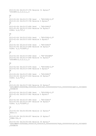 2013-01-04 04:25:57:795 Receive 31 Bytes:"
^SYSINFO:2,3,0,5,1,,5

OK
"
2013-01-04 04:25:57:798   Send   : "AT+COPS=3,0"
2013-01-04 04:25:57:798   Receive 6 Bytes:"
OK
"
2013-01-04 04:25:57:808   Send   : "AT+COPS?
"
2013-01-04 04:25:57:818   Receive 26 Bytes:"
+COPS: 0,0,"3",2

OK
"
2013-01-04 04:25:57:818   Send   : "AT+COPS=3,2"
2013-01-04 04:25:57:828   Receive 6 Bytes:"
OK
"
2013-01-04 04:25:57:838   Send   : "AT+COPS?
"
2013-01-04 04:25:57:848   Receive 30 Bytes:"
+COPS: 0,2,"51089",2

OK
"
2013-01-04 04:25:57:858 Send   : "AT^SYSINFO"
2013-01-04 04:25:57:868 Receive 31 Bytes:"
^SYSINFO:2,3,0,5,1,,5

OK
"
2013-01-04 04:25:57:878   Send   : "AT+COPS=3,0"
2013-01-04 04:25:57:898   Receive 6 Bytes:"
OK
"
2013-01-04 04:25:57:908   Send   : "AT+COPS?
"
2013-01-04 04:25:57:918   Receive 26 Bytes:"
+COPS: 0,0,"3",2

OK
"
2013-01-04 04:25:57:928 Receive 93 Bytes:"
^DSFLOWRPT:0000009E,000000DC,00001D4C,0000000000027C22,00000000001AE515,0003E800
,000DAC00
"
2013-01-04 04:25:57:948 Send   : "AT+COPS=3,2"
2013-01-04 04:25:57:962 Receive 6 Bytes:"
OK
"
2013-01-04 04:25:57:989 Send   : "AT+COPS?
"
2013-01-04 04:25:57:997 Receive 30 Bytes:"
+COPS: 0,2,"51089",2

OK
"
2013-01-04 04:25:58:696 Receive 12 Bytes:"
^RSSI:11
"
2013-01-04 04:25:58:697 Receive 16 Bytes:"
^CSNR:-94,-4
"
2013-01-04 04:25:59:936 Receive 93 Bytes:"
^DSFLOWRPT:000000A0,00000104,00002616,0000000000027E2A,00000000001B3141,0003E800
,000DAC00
 