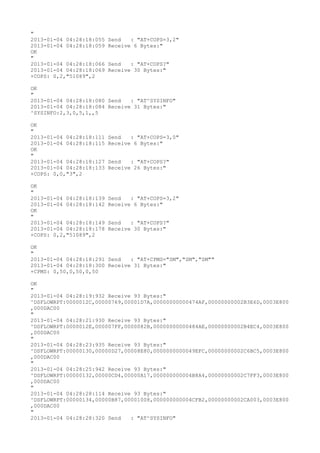 "
2013-01-04 04:28:18:055   Send   : "AT+COPS=3,2"
2013-01-04 04:28:18:059   Receive 6 Bytes:"
OK
"
2013-01-04 04:28:18:066   Send   : "AT+COPS?
"
2013-01-04 04:28:18:069   Receive 30 Bytes:"
+COPS: 0,2,"51089",2

OK
"
2013-01-04 04:28:18:080 Send   : "AT^SYSINFO"
2013-01-04 04:28:18:084 Receive 31 Bytes:"
^SYSINFO:2,3,0,5,1,,5

OK
"
2013-01-04 04:28:18:111   Send   : "AT+COPS=3,0"
2013-01-04 04:28:18:115   Receive 6 Bytes:"
OK
"
2013-01-04 04:28:18:127   Send   : "AT+COPS?
"
2013-01-04 04:28:18:133   Receive 26 Bytes:"
+COPS: 0,0,"3",2

OK
"
2013-01-04 04:28:18:139   Send   : "AT+COPS=3,2"
2013-01-04 04:28:18:142   Receive 6 Bytes:"
OK
"
2013-01-04 04:28:18:149   Send   : "AT+COPS?
"
2013-01-04 04:28:18:178   Receive 30 Bytes:"
+COPS: 0,2,"51089",2

OK
"
2013-01-04 04:28:18:291 Send   : "AT+CPMS="SM","SM","SM""
2013-01-04 04:28:18:300 Receive 31 Bytes:"
+CPMS: 0,50,0,50,0,50

OK
"
2013-01-04 04:28:19:932 Receive 93 Bytes:"
^DSFLOWRPT:0000012C,00000769,00001D7A,00000000000474AF,00000000002B3E6D,0003E800
,000DAC00
"
2013-01-04 04:28:21:930 Receive 93 Bytes:"
^DSFLOWRPT:0000012E,000007FF,0000082B,00000000000484AE,00000000002B4EC4,0003E800
,000DAC00
"
2013-01-04 04:28:23:935 Receive 93 Bytes:"
^DSFLOWRPT:00000130,00000D27,00008E80,0000000000049EFC,00000000002C6BC5,0003E800
,000DAC00
"
2013-01-04 04:28:25:942 Receive 93 Bytes:"
^DSFLOWRPT:00000132,00000CD4,00000A17,000000000004B8A4,00000000002C7FF3,0003E800
,000DAC00
"
2013-01-04 04:28:28:114 Receive 93 Bytes:"
^DSFLOWRPT:00000134,00000B87,00001008,000000000004CFB2,00000000002CA003,0003E800
,000DAC00
"
2013-01-04 04:28:28:320 Send   : "AT^SYSINFO"
 