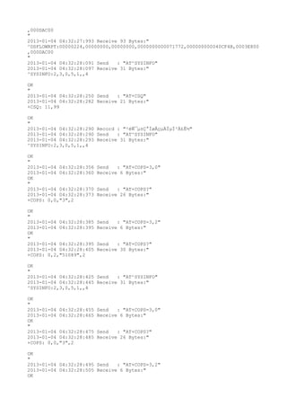 ,000DAC00
"
2013-01-04 04:32:27:993 Receive 93 Bytes:"
^DSFLOWRPT:00000224,00000000,00000000,0000000000071772,000000000040CF4B,0003E800
,000DAC00
"
2013-01-04 04:32:28:091 Send   : "AT^SYSINFO"
2013-01-04 04:32:28:097 Receive 31 Bytes:"
^SYSINFO:2,3,0,5,1,,4

OK
"
2013-01-04 04:32:28:250 Send   : "AT+CSQ"
2013-01-04 04:32:28:282 Receive 21 Bytes:"
+CSQ: 11,99

OK
"
2013-01-04 04:32:28:290 Record : "²éÑ¯µ±Ç°ÍøÂçµÄÏµÍ³Ä£Ê½"
2013-01-04 04:32:28:290 Send   : "AT^SYSINFO"
2013-01-04 04:32:28:293 Receive 31 Bytes:"
^SYSINFO:2,3,0,5,1,,4

OK
"
2013-01-04 04:32:28:356   Send   : "AT+COPS=3,0"
2013-01-04 04:32:28:360   Receive 6 Bytes:"
OK
"
2013-01-04 04:32:28:370   Send   : "AT+COPS?
"
2013-01-04 04:32:28:373   Receive 26 Bytes:"
+COPS: 0,0,"3",2

OK
"
2013-01-04 04:32:28:385   Send   : "AT+COPS=3,2"
2013-01-04 04:32:28:395   Receive 6 Bytes:"
OK
"
2013-01-04 04:32:28:395   Send   : "AT+COPS?
"
2013-01-04 04:32:28:405   Receive 30 Bytes:"
+COPS: 0,2,"51089",2

OK
"
2013-01-04 04:32:28:425 Send   : "AT^SYSINFO"
2013-01-04 04:32:28:445 Receive 31 Bytes:"
^SYSINFO:2,3,0,5,1,,4

OK
"
2013-01-04 04:32:28:455   Send   : "AT+COPS=3,0"
2013-01-04 04:32:28:465   Receive 6 Bytes:"
OK
"
2013-01-04 04:32:28:475   Send   : "AT+COPS?
"
2013-01-04 04:32:28:485   Receive 26 Bytes:"
+COPS: 0,0,"3",2

OK
"
2013-01-04 04:32:28:495 Send   : "AT+COPS=3,2"
2013-01-04 04:32:28:505 Receive 6 Bytes:"
OK
 