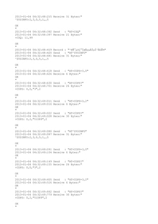 2013-01-04 04:32:48:215 Receive 31 Bytes:"
^SYSINFO:2,3,0,5,1,,5

OK
"
2013-01-04 04:32:48:392 Send   : "AT+CSQ"
2013-01-04 04:32:48:397 Receive 21 Bytes:"
+CSQ: 11,99

OK
"
2013-01-04 04:32:48:419 Record : "²éÑ¯µ±Ç°ÍøÂçµÄÏµÍ³Ä£Ê½"
2013-01-04 04:32:48:420 Send   : "AT^SYSINFO"
2013-01-04 04:32:48:481 Receive 31 Bytes:"
^SYSINFO:2,3,0,5,1,,5

OK
"
2013-01-04 04:32:48:618   Send   : "AT+COPS=3,0"
2013-01-04 04:32:48:626   Receive 6 Bytes:"
OK
"
2013-01-04 04:32:48:630   Send   : "AT+COPS?
"
2013-01-04 04:32:48:701   Receive 26 Bytes:"
+COPS: 0,0,"3",2

OK
"
2013-01-04 04:32:49:011   Send   : "AT+COPS=3,2"
2013-01-04 04:32:49:016   Receive 6 Bytes:"
OK
"
2013-01-04 04:32:49:022   Send   : "AT+COPS?
"
2013-01-04 04:32:49:028   Receive 30 Bytes:"
+COPS: 0,2,"51089",2

OK
"
2013-01-04 04:32:49:080 Send   : "AT^SYSINFO"
2013-01-04 04:32:49:087 Receive 31 Bytes:"
^SYSINFO:2,3,0,5,1,,5

OK
"
2013-01-04 04:32:49:091   Send   : "AT+COPS=3,0"
2013-01-04 04:32:49:104   Receive 6 Bytes:"
OK
"
2013-01-04 04:32:49:149   Send   : "AT+COPS?
"
2013-01-04 04:32:49:155   Receive 26 Bytes:"
+COPS: 0,0,"3",2

OK
"
2013-01-04 04:32:49:405   Send   : "AT+COPS=3,2"
2013-01-04 04:32:49:516   Receive 6 Bytes:"
OK
"
2013-01-04 04:32:49:662   Send   : "AT+COPS?
"
2013-01-04 04:32:49:779   Receive 30 Bytes:"
+COPS: 0,2,"51089",2

OK
"
 