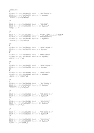,000DAC00
"
2013-01-04 04:34:38:200 Send   : "AT^SYSINFO"
2013-01-04 04:34:38:202 Receive 31 Bytes:"
^SYSINFO:2,3,0,5,1,,4

OK
"
2013-01-04 04:34:38:218 Send   : "AT+CSQ"
2013-01-04 04:34:38:226 Receive 21 Bytes:"
+CSQ: 11,99

OK
"
2013-01-04 04:34:38:236 Record : "²éÑ¯µ±Ç°ÍøÂçµÄÏµÍ³Ä£Ê½"
2013-01-04 04:34:38:236 Send   : "AT^SYSINFO"
2013-01-04 04:34:38:246 Receive 31 Bytes:"
^SYSINFO:2,3,0,5,1,,4

OK
"
2013-01-04 04:34:38:351   Send   : "AT+COPS=3,0"
2013-01-04 04:34:38:358   Receive 6 Bytes:"
OK
"
2013-01-04 04:34:38:362   Send   : "AT+COPS?
"
2013-01-04 04:34:38:365   Receive 26 Bytes:"
+COPS: 0,0,"3",2

OK
"
2013-01-04 04:34:38:860   Send   : "AT+COPS=3,2"
2013-01-04 04:34:38:864   Receive 6 Bytes:"
OK
"
2013-01-04 04:34:38:943   Send   : "AT+COPS?
"
2013-01-04 04:34:38:946   Receive 30 Bytes:"
+COPS: 0,2,"51089",2

OK
"
2013-01-04 04:34:38:964 Send   : "AT^SYSINFO"
2013-01-04 04:34:38:967 Receive 31 Bytes:"
^SYSINFO:2,3,0,5,1,,4

OK
"
2013-01-04 04:34:39:040   Send   : "AT+COPS=3,0"
2013-01-04 04:34:39:147   Receive 6 Bytes:"
OK
"
2013-01-04 04:34:39:240   Send   : "AT+COPS?
"
2013-01-04 04:34:39:247   Receive 26 Bytes:"
+COPS: 0,0,"3",2

OK
"
2013-01-04 04:34:39:276   Send   : "AT+COPS=3,2"
2013-01-04 04:34:39:350   Receive 6 Bytes:"
OK
"
2013-01-04 04:34:39:389   Send   : "AT+COPS?
"
2013-01-04 04:34:39:392   Receive 30 Bytes:"
+COPS: 0,2,"51089",2
 