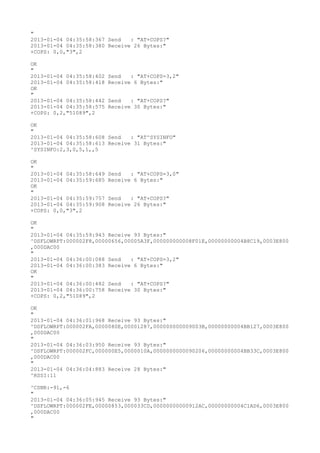 "
2013-01-04 04:35:58:367 Send   : "AT+COPS?
"
2013-01-04 04:35:58:380 Receive 26 Bytes:"
+COPS: 0,0,"3",2

OK
"
2013-01-04 04:35:58:402   Send   : "AT+COPS=3,2"
2013-01-04 04:35:58:418   Receive 6 Bytes:"
OK
"
2013-01-04 04:35:58:442   Send   : "AT+COPS?
"
2013-01-04 04:35:58:575   Receive 30 Bytes:"
+COPS: 0,2,"51089",2

OK
"
2013-01-04 04:35:58:608 Send   : "AT^SYSINFO"
2013-01-04 04:35:58:613 Receive 31 Bytes:"
^SYSINFO:2,3,0,5,1,,5

OK
"
2013-01-04 04:35:58:649   Send   : "AT+COPS=3,0"
2013-01-04 04:35:59:685   Receive 6 Bytes:"
OK
"
2013-01-04 04:35:59:757   Send   : "AT+COPS?
"
2013-01-04 04:35:59:908   Receive 26 Bytes:"
+COPS: 0,0,"3",2

OK
"
2013-01-04 04:35:59:943 Receive 93 Bytes:"
^DSFLOWRPT:000002F8,00000656,00005A3F,000000000008F01E,00000000004B8C19,0003E800
,000DAC00
"
2013-01-04 04:36:00:088 Send   : "AT+COPS=3,2"
2013-01-04 04:36:00:383 Receive 6 Bytes:"
OK
"
2013-01-04 04:36:00:482 Send   : "AT+COPS?
"
2013-01-04 04:36:00:758 Receive 30 Bytes:"
+COPS: 0,2,"51089",2

OK
"
2013-01-04 04:36:01:968 Receive 93 Bytes:"
^DSFLOWRPT:000002FA,0000080E,00001287,000000000009003B,00000000004BB127,0003E800
,000DAC00
"
2013-01-04 04:36:03:950 Receive 93 Bytes:"
^DSFLOWRPT:000002FC,000000E5,0000010A,0000000000090206,00000000004BB33C,0003E800
,000DAC00
"
2013-01-04 04:36:04:883 Receive 28 Bytes:"
^RSSI:11

^CSNR:-91,-6
"
2013-01-04 04:36:05:945 Receive 93 Bytes:"
^DSFLOWRPT:000002FE,00000853,000033CD,00000000000912AC,00000000004C1AD6,0003E800
,000DAC00
"
 